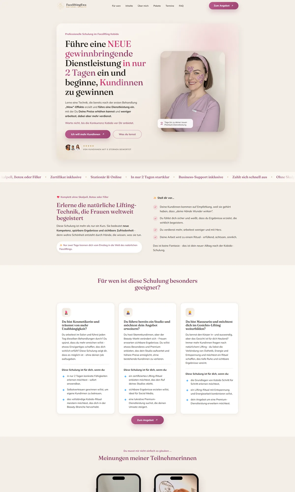Landing page szkolenia Kobido Facelifting w Norymberdze - widok na komputerze