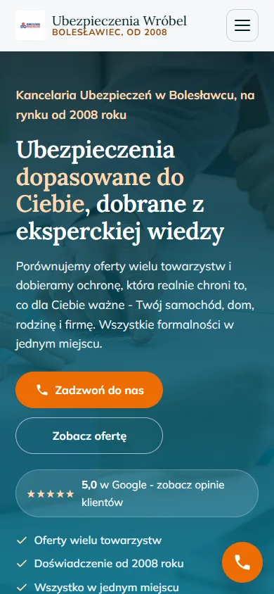 Strona Ubezpieczenia Wróbel w wersji mobilnej