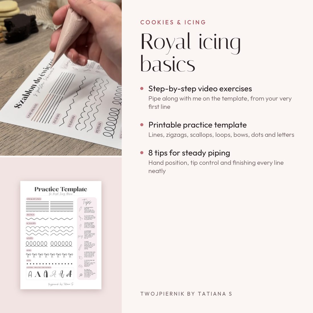 Royal icing basics: step-by-step video exercises, a printable practice template and 8 tips for steady piping