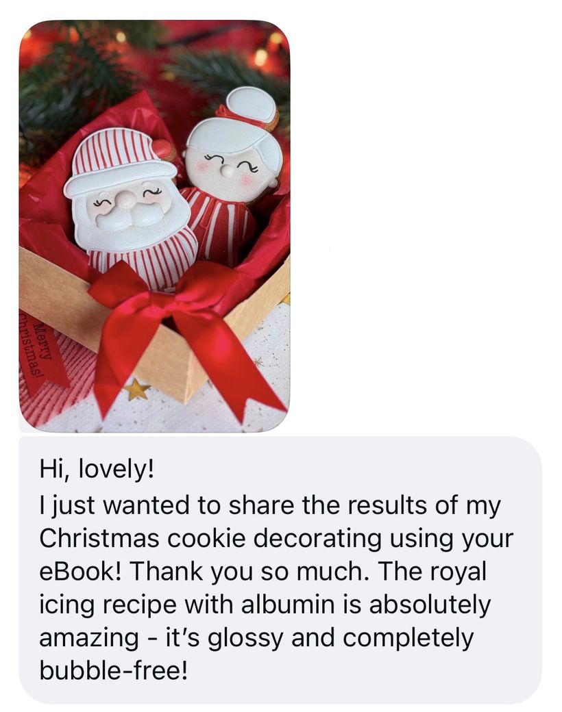 Student message: I just wanted to share the results of my Christmas cookie decorating using your eBook. The royal icing recipe with albumin is absolutely amazing - it's glossy and completely bubble-free. With a photo of Santa and Mrs Claus cookies in a gift box.