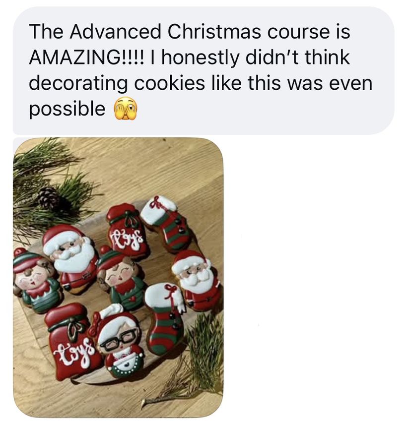Student message: The Advanced Christmas course is amazing. I honestly didn't think decorating cookies like this was even possible - with a photo of Santa, Mrs Claus and stocking cookies.